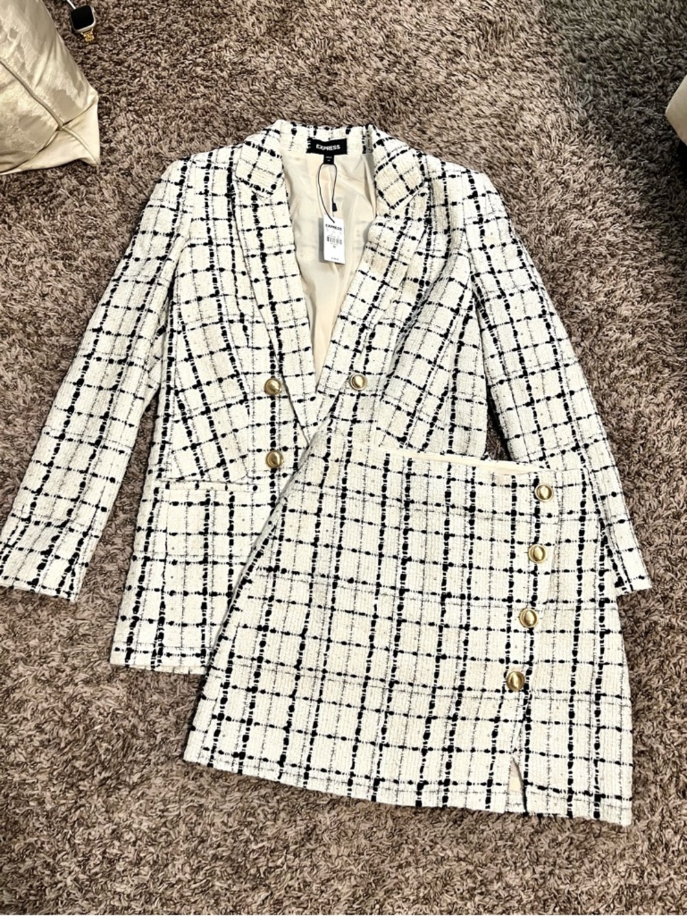 Express White and Black Tweed Blazer & Skirt Set with Gold Buttons